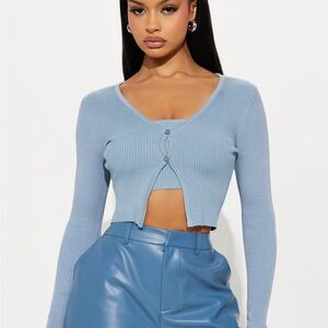 Light Blue Ribbed V-Neck Cropped Cardigan Set with cami